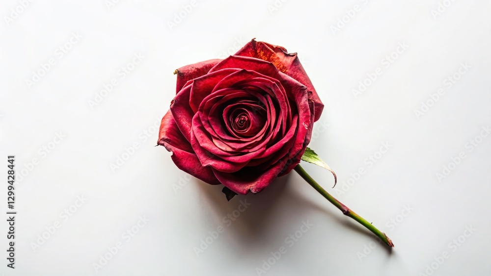Aerial View: Single Dried Red Rose on White Background - Drone Photography Aerial View: Single Dried Red Rose on White Background - Drone Photography
