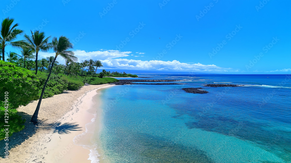 Obraz premium Serene beach with clear waters and palm trees on a sunny day