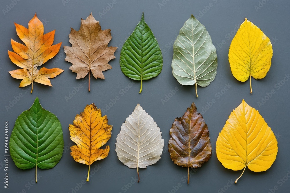 Fototapeta premium Collection of ten autumn leaves showcasing various colors and shapes, arranged neatly against a dark gray background.