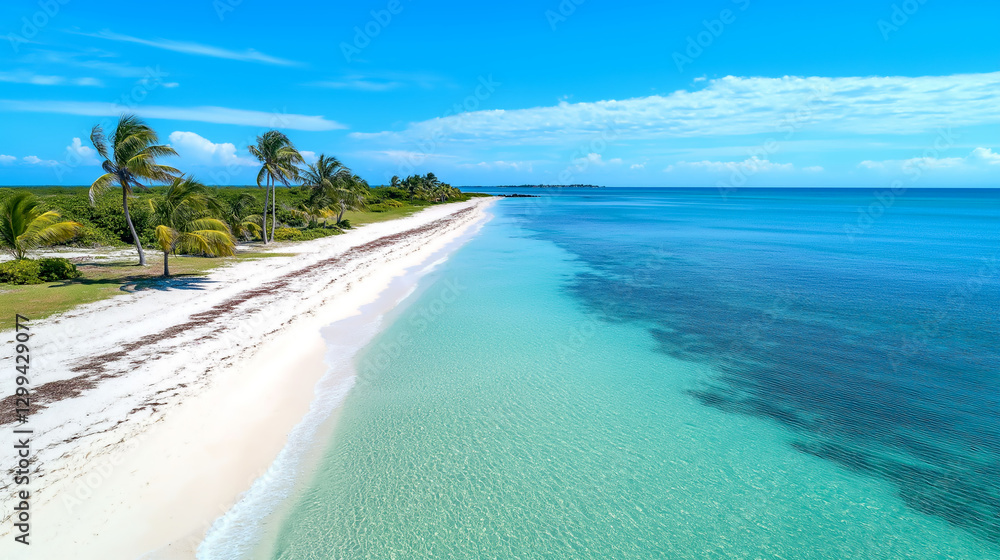 Fototapeta premium Serene beach with clear blue water and palm trees near shoreline