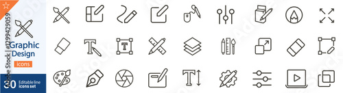 Graphic Design Line Icons Set. Collection of 30 outline vector icons representing creativity, digital art, illustration, multimedia, and UI/UX tools. Editable stroke linear illustration.