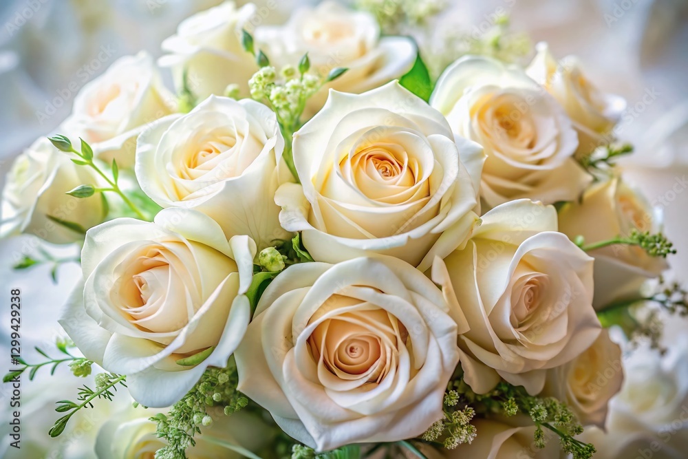 Fototapeta premium Aerial View White Rose Bouquet Soft Blur Background - Elegant Floral Photography