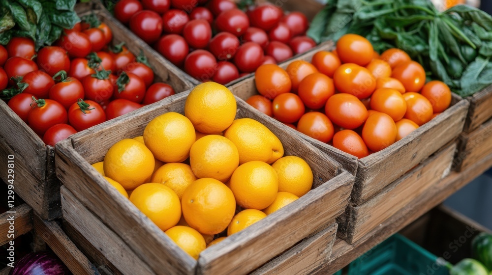 Brightly colored fruits and vegetables displayed in wooden crates at a local market during daylight hours Brightly colored fruits and vegetables displayed in wooden crates at a local market during daylight hours