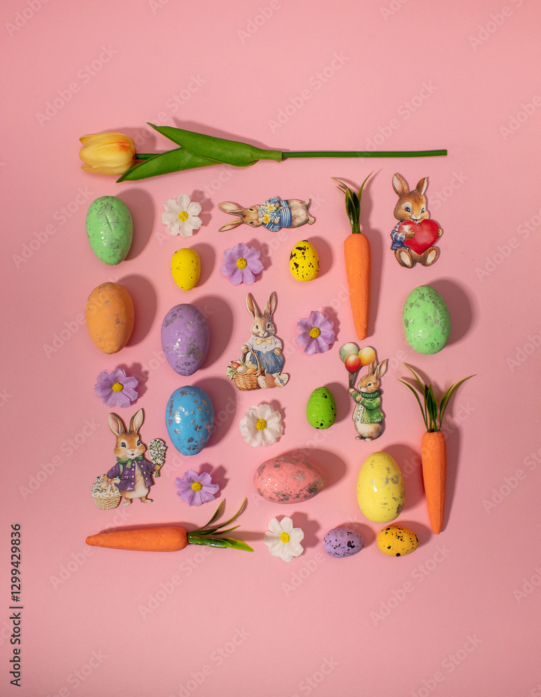 Easter pattern squer shape made of colorful flowers, eggs, bunnies and carrots. Minimal holiday concept. Flat lay pattern. Easter pattern squer shape made of colorful flowers, eggs, bunnies and carrots. Minimal holiday concept. Flat lay pattern.
