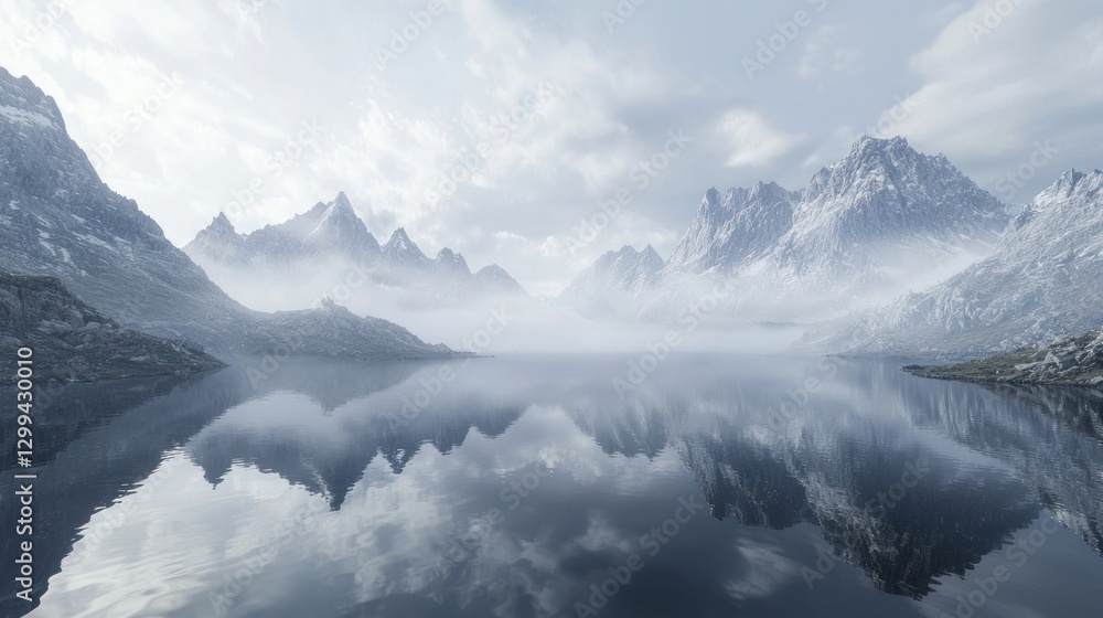 Fototapeta premium Misty mountain lake reflecting snow-capped peaks.
