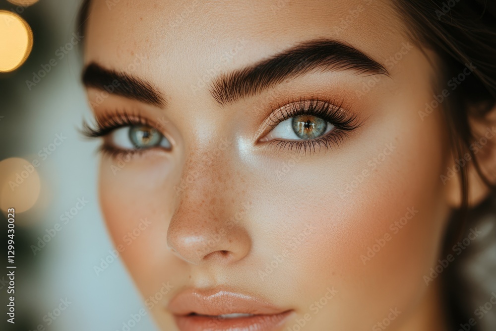 Fototapeta premium Close-up of a woman's face showcasing flawless makeup, emphasizing her eyes and eyebrows.