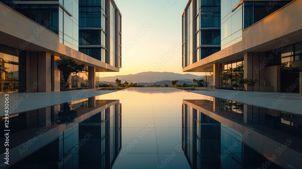 Fototapeta premium Symmetrical modern buildings reflected in a calm pool at sunrise.