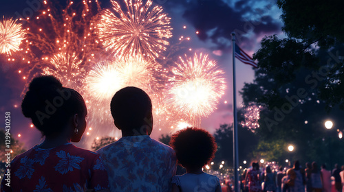 Families gather to watch fireworks display on summer evening