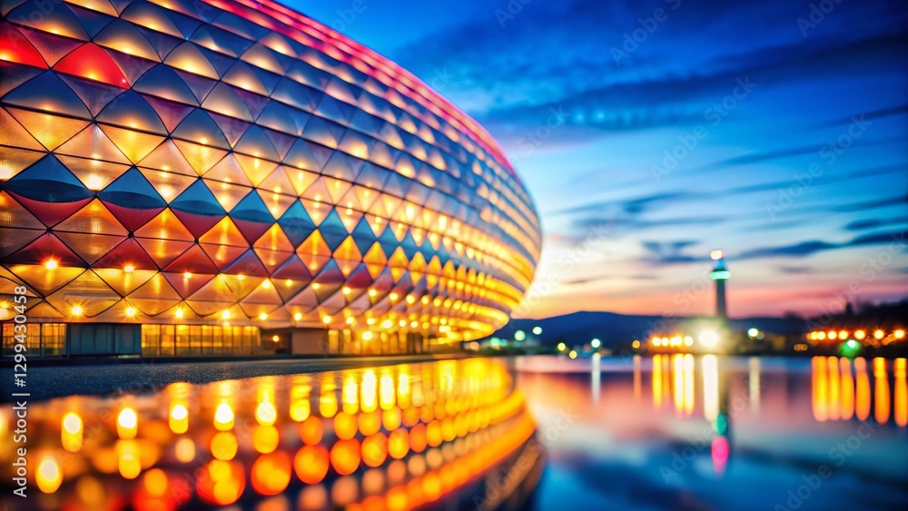 Obraz premium Allianz Arena Stadium Night Lights Bokeh, Munich Germany, Stadium Exterior, Architectural Detail