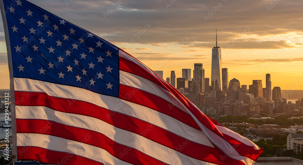 Naklejka premium American Flag Billowing in the Wind at Sunset