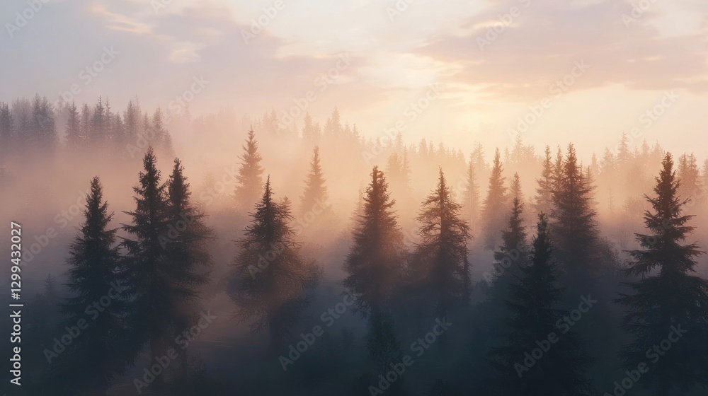 Obraz premium Misty sunrise over a dense evergreen forest.
