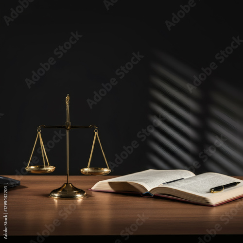 Scales of justice and law books on a desk in a courtroom setting, symbolizing legal knowledge, fairness, and judicial decision-making