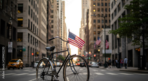 American Flag Waving Over a Bike in a City Street