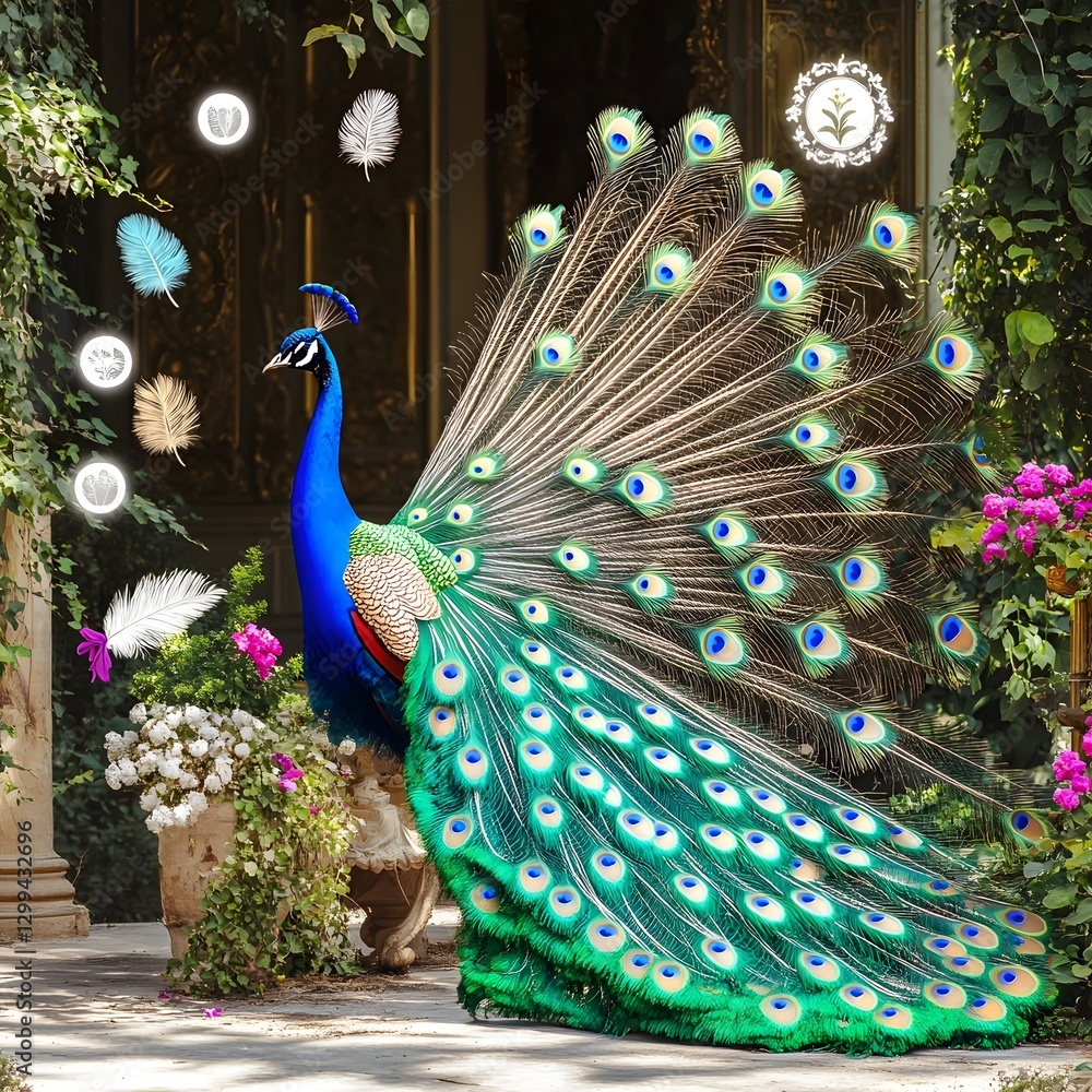 Obraz premium Magnificent Peacock Showcasing Its Vibrant Plumage in a Lush Botanical Garden
