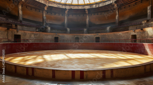 Empty entertainment bullfight, arena ring performace stadium with seats 