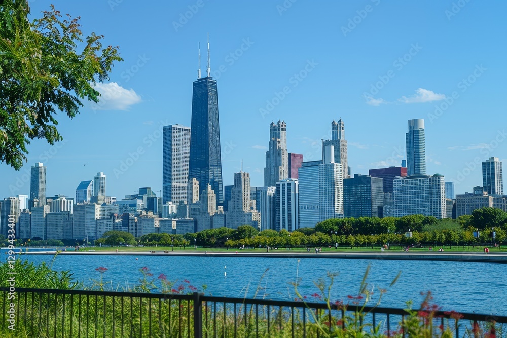 Naklejka premium A picturesque view of the Chicago skyline from a park along the lakefront, Highlight the dynamic skyline of Chicago, with varying heights and shapes