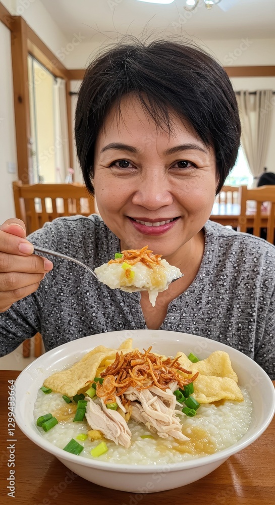 A woman enjoying a delicious bowl of chicken porridge A woman enjoying a delicious bowl of chicken porridge
