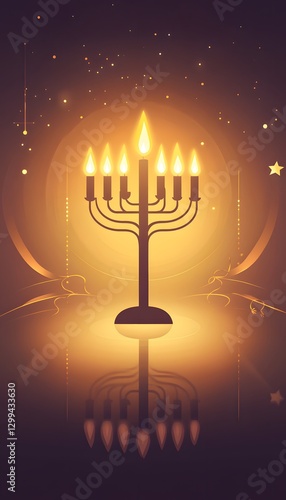 A lit menorah is surrounded by soft light and a starry background