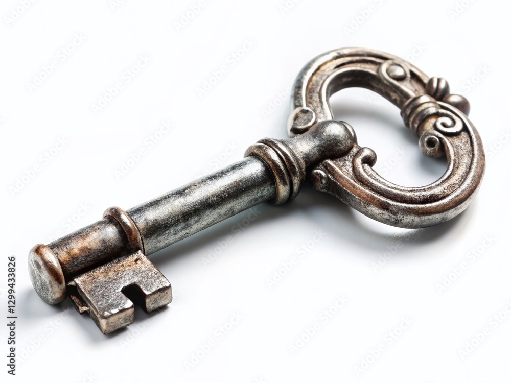 Antique Silver Key on White Background - Panoramic Stock Photo Antique Silver Key on White Background - Panoramic Stock Photo