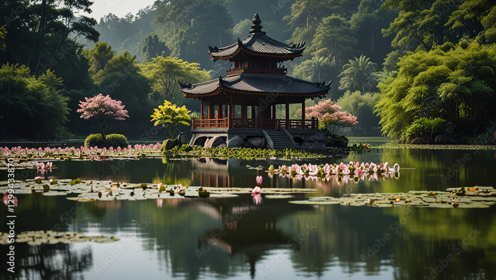Chinese temple on the lake with lotus flowers in the lake Chinese temple on the lake with lotus flowers in the lake