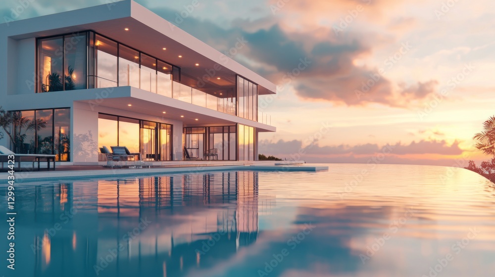 Modern luxury house with infinity pool at sunset. Modern luxury house with infinity pool at sunset.