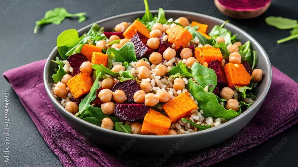 A colorful salad filled with fresh greens, chickpeas, and vibrant vegetables. A colorful salad filled with fresh greens, chickpeas, and vibrant vegetables.