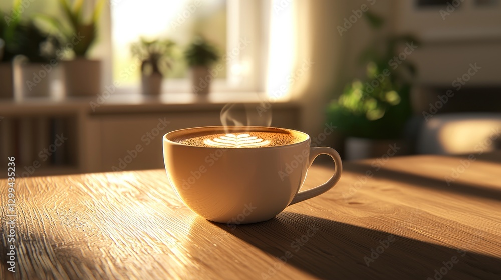 Steaming latte art in a white cup on a wooden table in sunlight.