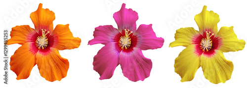 Orange, pink and yellow hibiscus flowers isolated on transparent background for tropical and vacation design