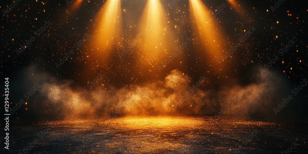 Naklejka premium Warm golden lights illuminate a stage with shimmering dust particles in a dimly lit setting