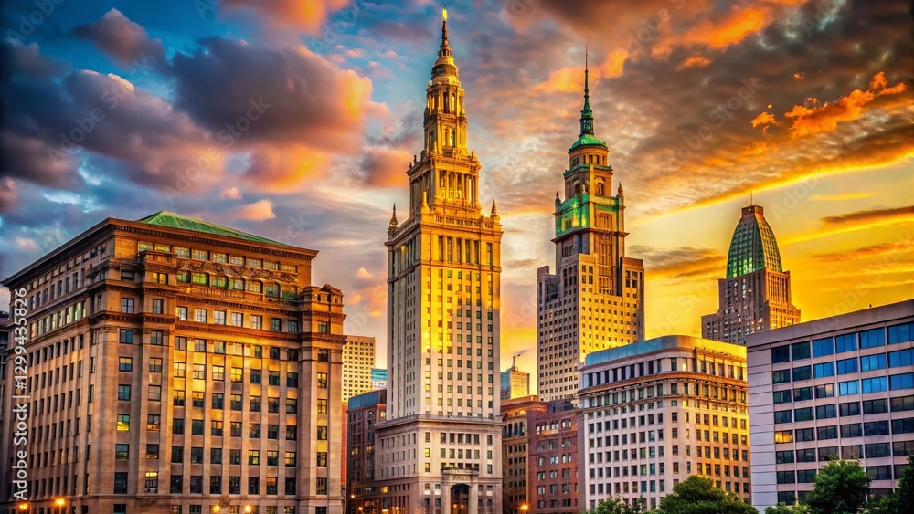 Art Deco Cleveland Architecture: Terminal Tower & Downtown Facades - High-Resolution Stock Photo