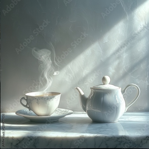Wallpaper Mural Steaming teacup and teapot on marble surface. Torontodigital.ca