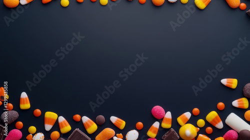 Halloween candy arrangement on dark background with candy corn and chocolates