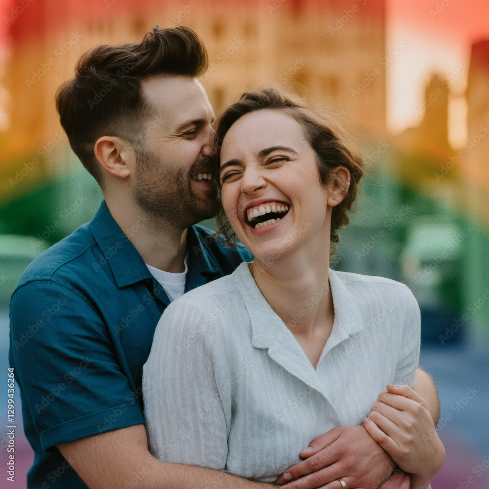 Fototapeta premium Happy LGBTQ+ couple laughing and embracing with a rainbow in the background, symbolizing love, joy, and pride in a supportive world