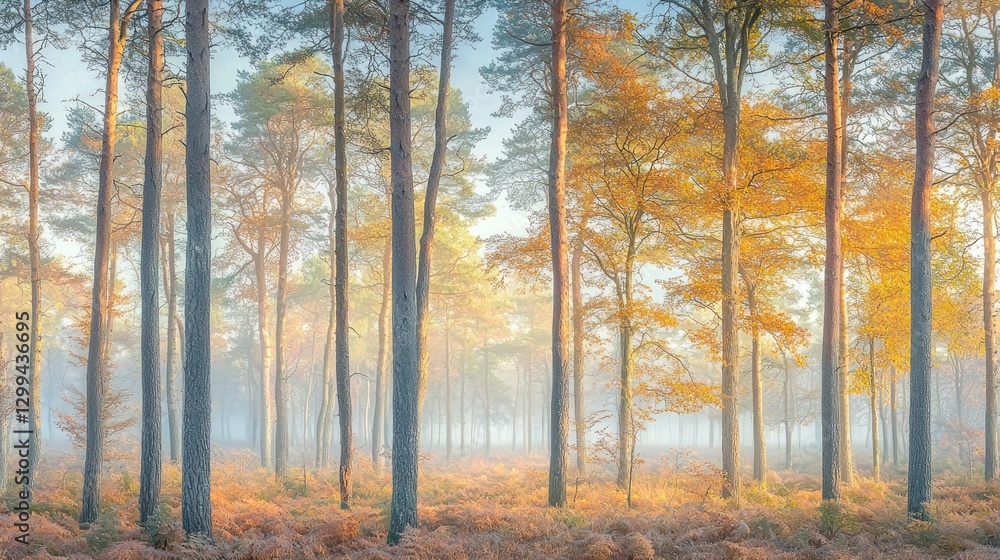 Obraz premium Misty autumn forest with golden sunlight illuminating tall trees and ferns.