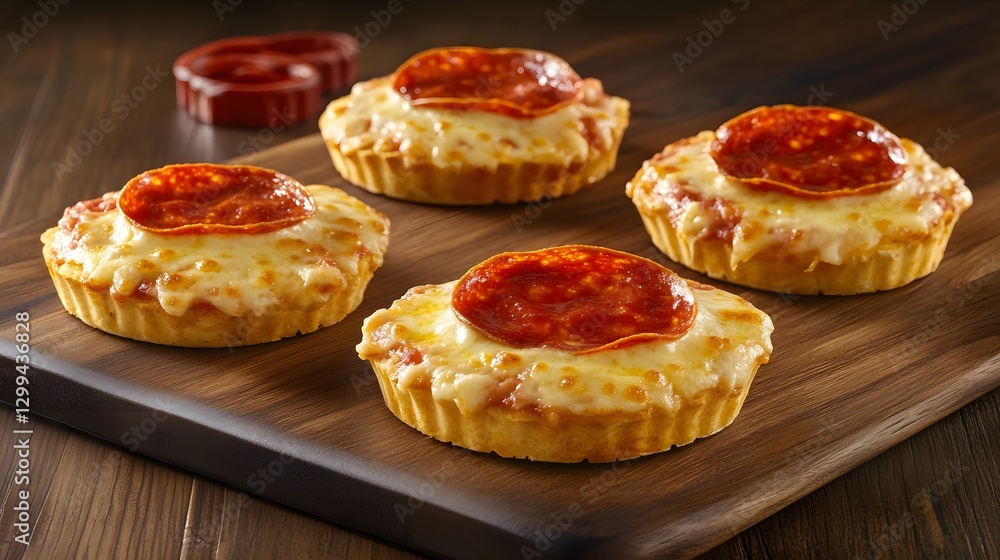 Mini Pepperoni Pizzas on Wooden Board Delicious Appetizer Mini Pepperoni Pizzas on Wooden Board Delicious Appetizer