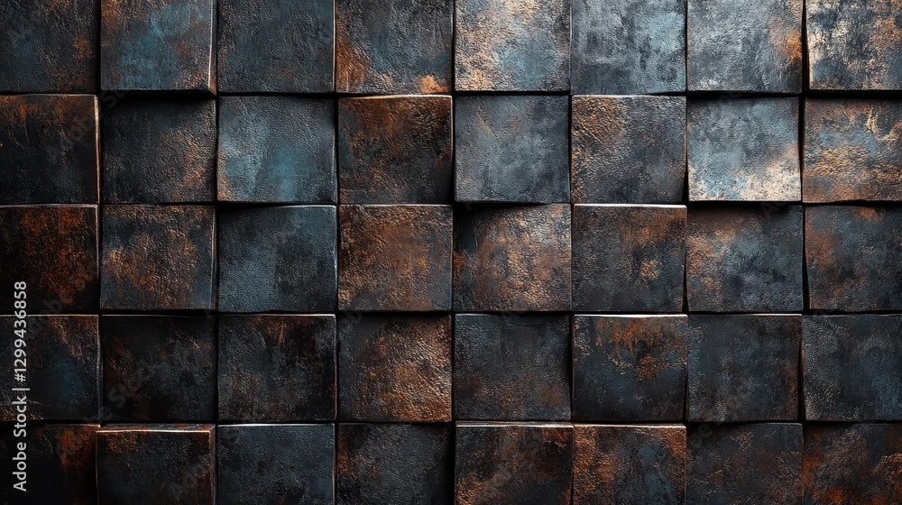 Fototapeta premium Textured metal cubes with rust and patina in geometric pattern