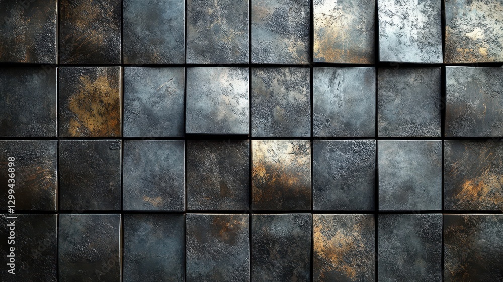 Rustic metallic textured pattern on square tiles with bronze and copper hues Rustic metallic textured pattern on square tiles with bronze and copper hues