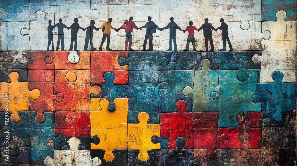 Fototapeta premium Diverse group of people holding hands in unity on large colorful puzzle pieces