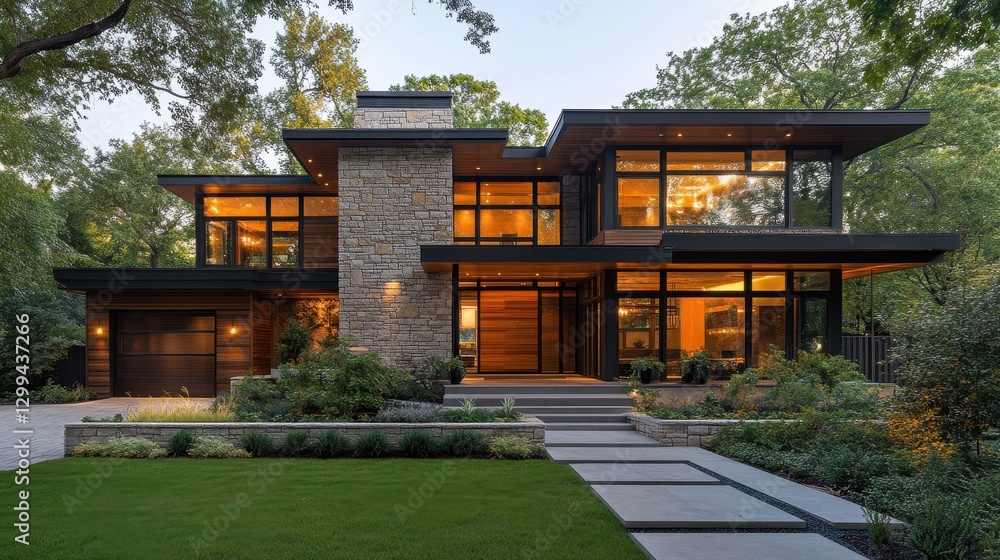 Modern two-story house with stone facade in lush greenery at sunset Modern two-story house with stone facade in lush greenery at sunset