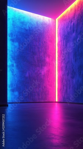 Wallpaper Mural Colorful neon lights illuminate an empty room with textured walls and a polished floor at night Torontodigital.ca