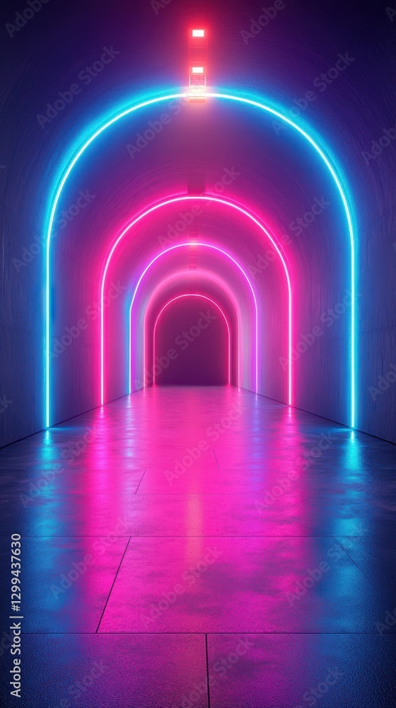 Vibrant neon-lit tunnel showcasing glowing arches in an urban environment at night Vibrant neon-lit tunnel showcasing glowing arches in an urban environment at night