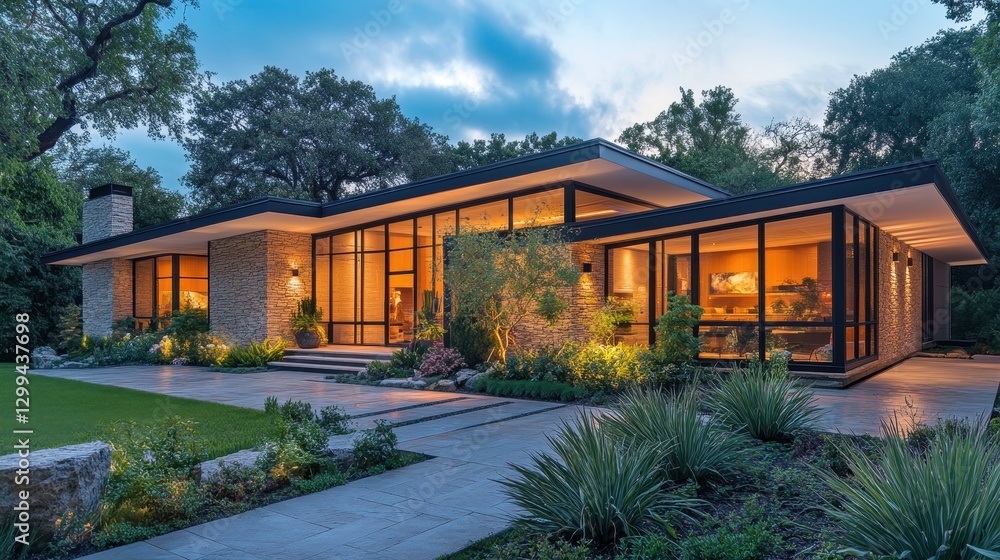 Modern glass house in scenic woodland setting at dusk with warm lighting Modern glass house in scenic woodland setting at dusk with warm lighting
