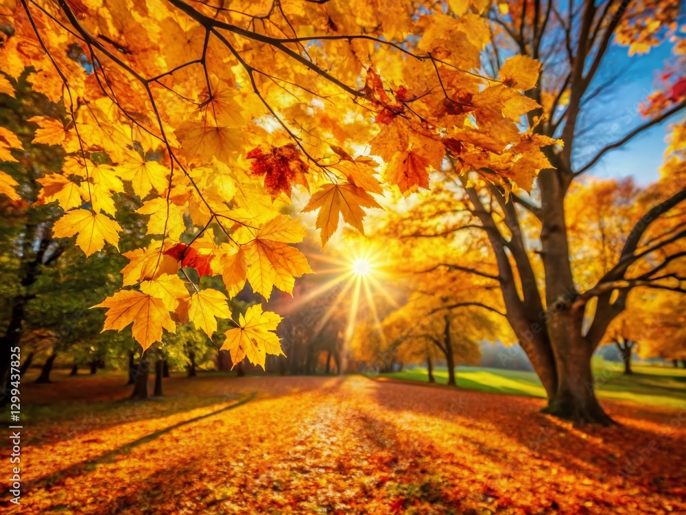 Naklejka premium Autumnal Canopy: Vibrant Yellow Leaves with High Depth of Field