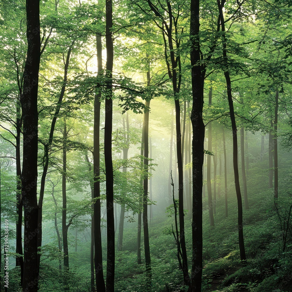 Obraz premium Sunlit misty forest path.