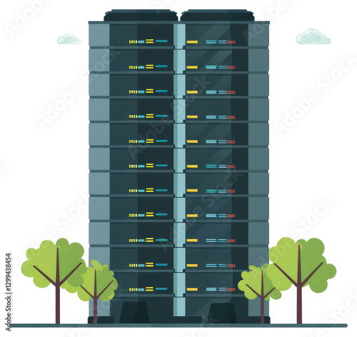 A modern illustration of a data center with some trees and clouds
