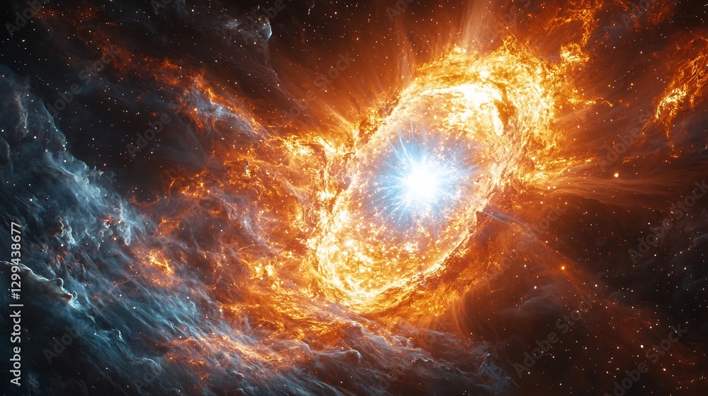 White dwarf in a binary system igniting a powerful nova a sudden explosion of light illuminating the surrounding nebula White dwarf in a binary system igniting a powerful nova a sudden explosion of light illuminating the surrounding nebula