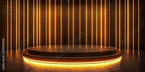 Illuminated stage setup with golden lighting creating a dramatic atmosphere for performances
