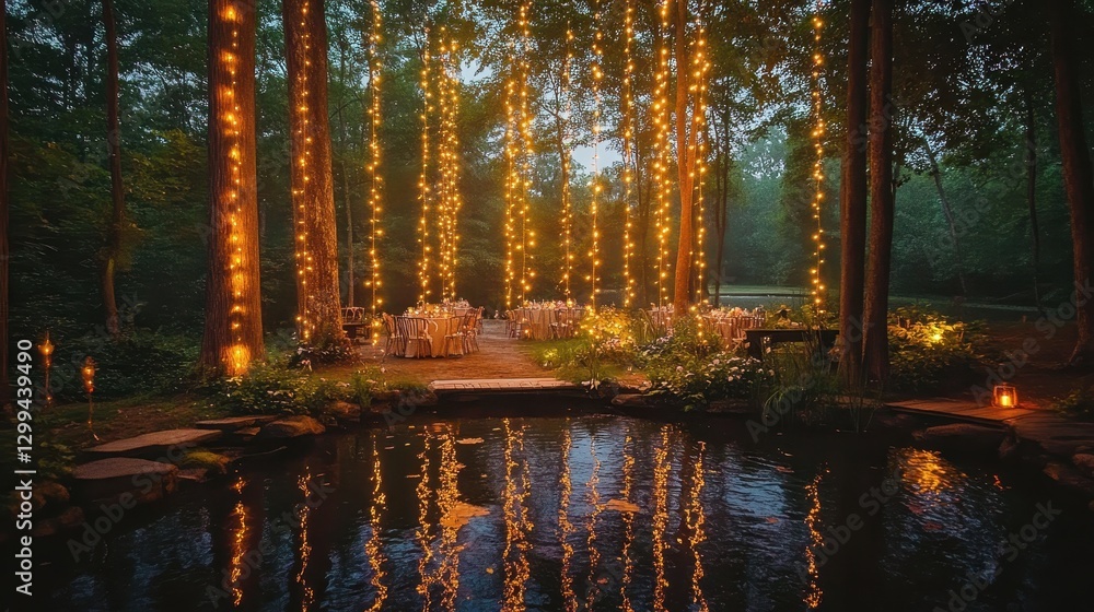 Obraz premium Enchanting forest wedding venue with string lights and pond reflection