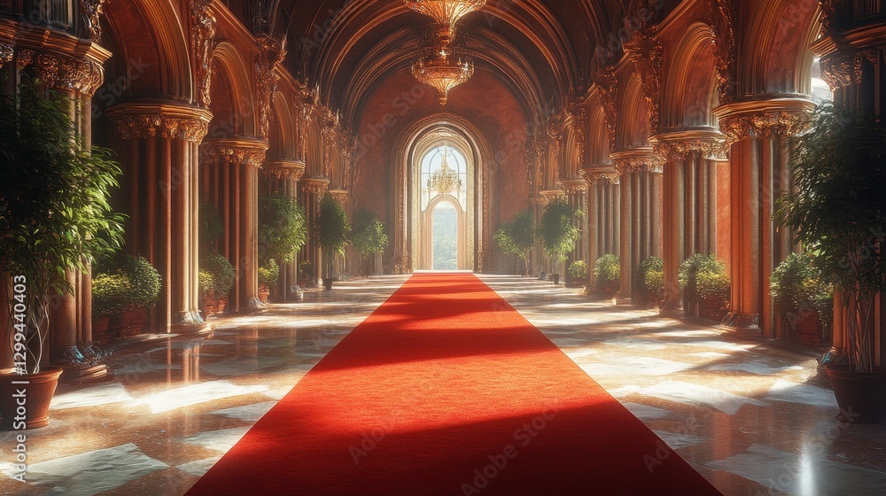 Obraz premium Grandiose palace corridor with red carpet and ornate chandeliers in sunlit atmosphere
