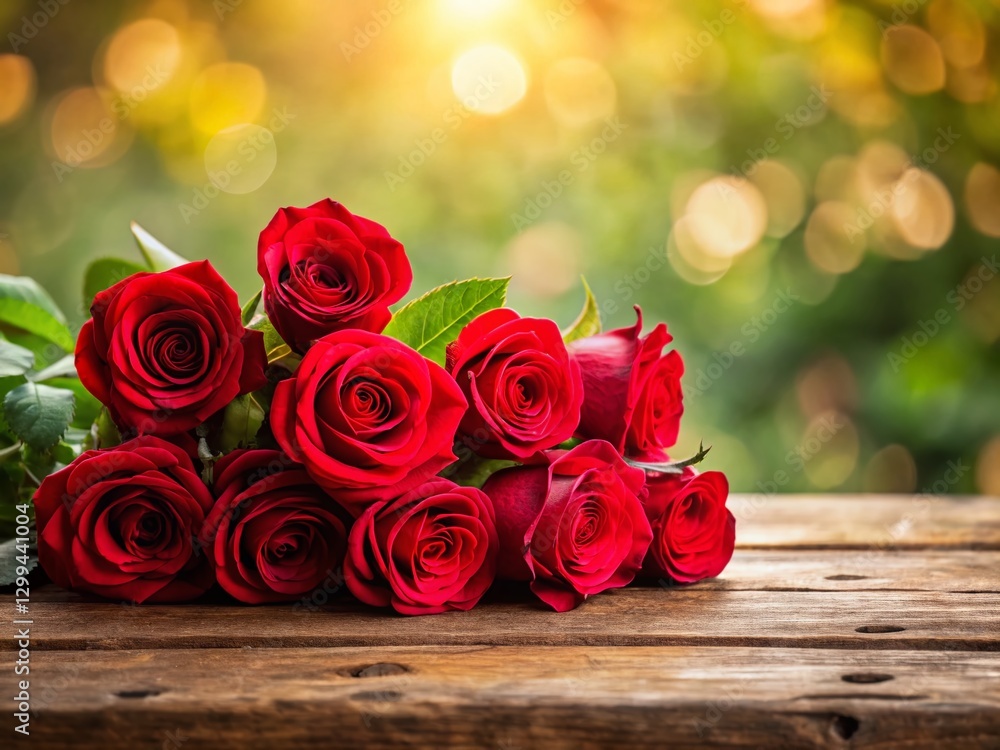 Beautiful Red Roses Bouquet on Wooden Table - Romantic Floral Arrangement Stock Photo Beautiful Red Roses Bouquet on Wooden Table - Romantic Floral Arrangement Stock Photo